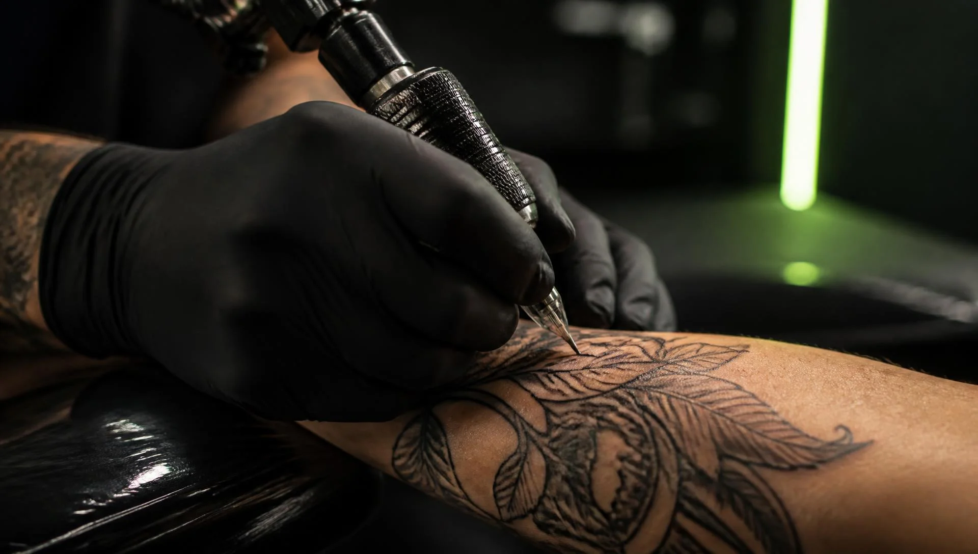 Tatuerare som arbetar i en professionell studio